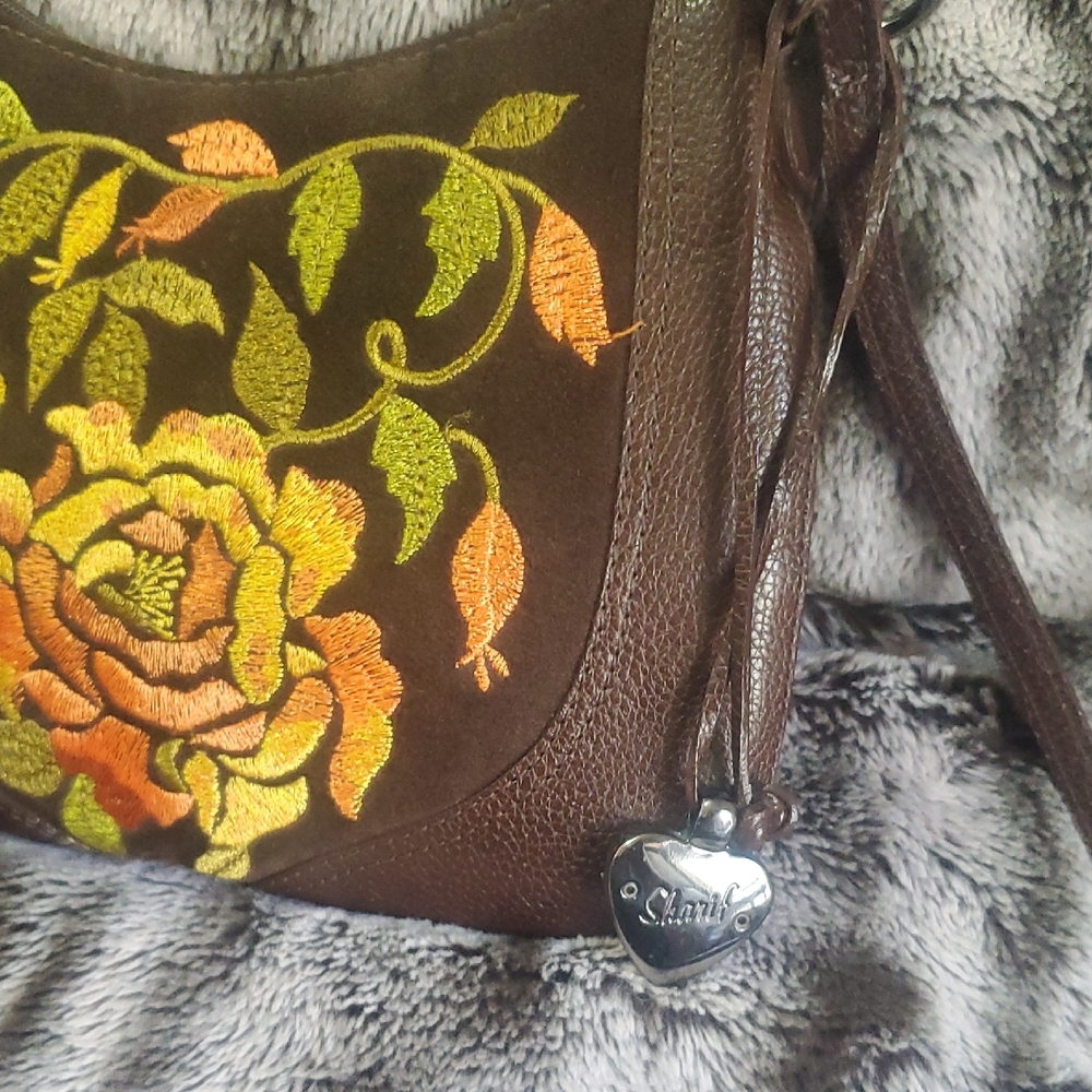 Sharif Studio Leather Brown Embroidered Floral Crossbody Bag - Picture 7 of 14